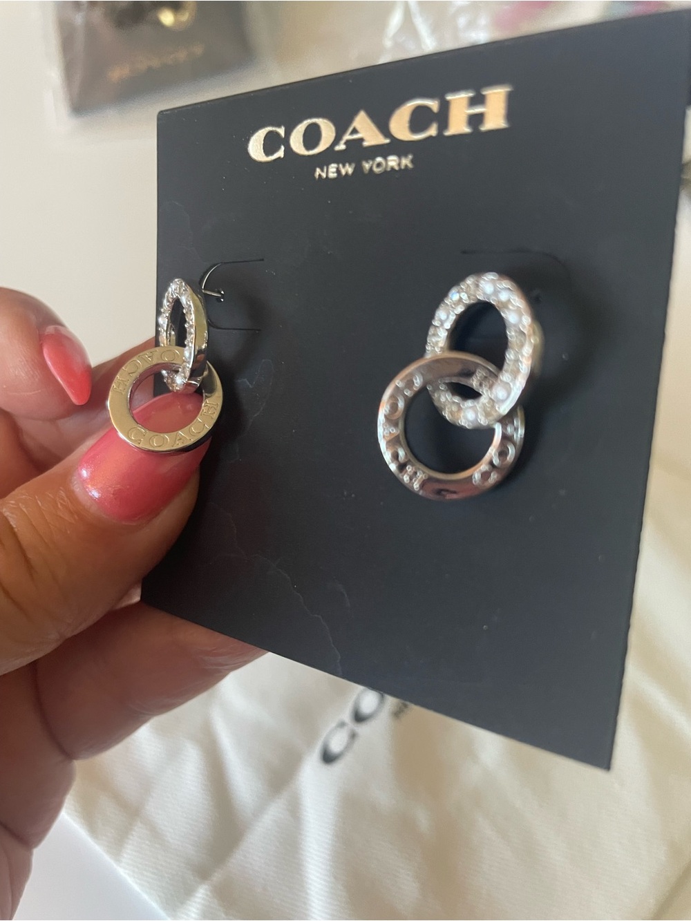 Coach Silver Interlocking Crystal Hoop Stud Earrings - Picture 3 of 4